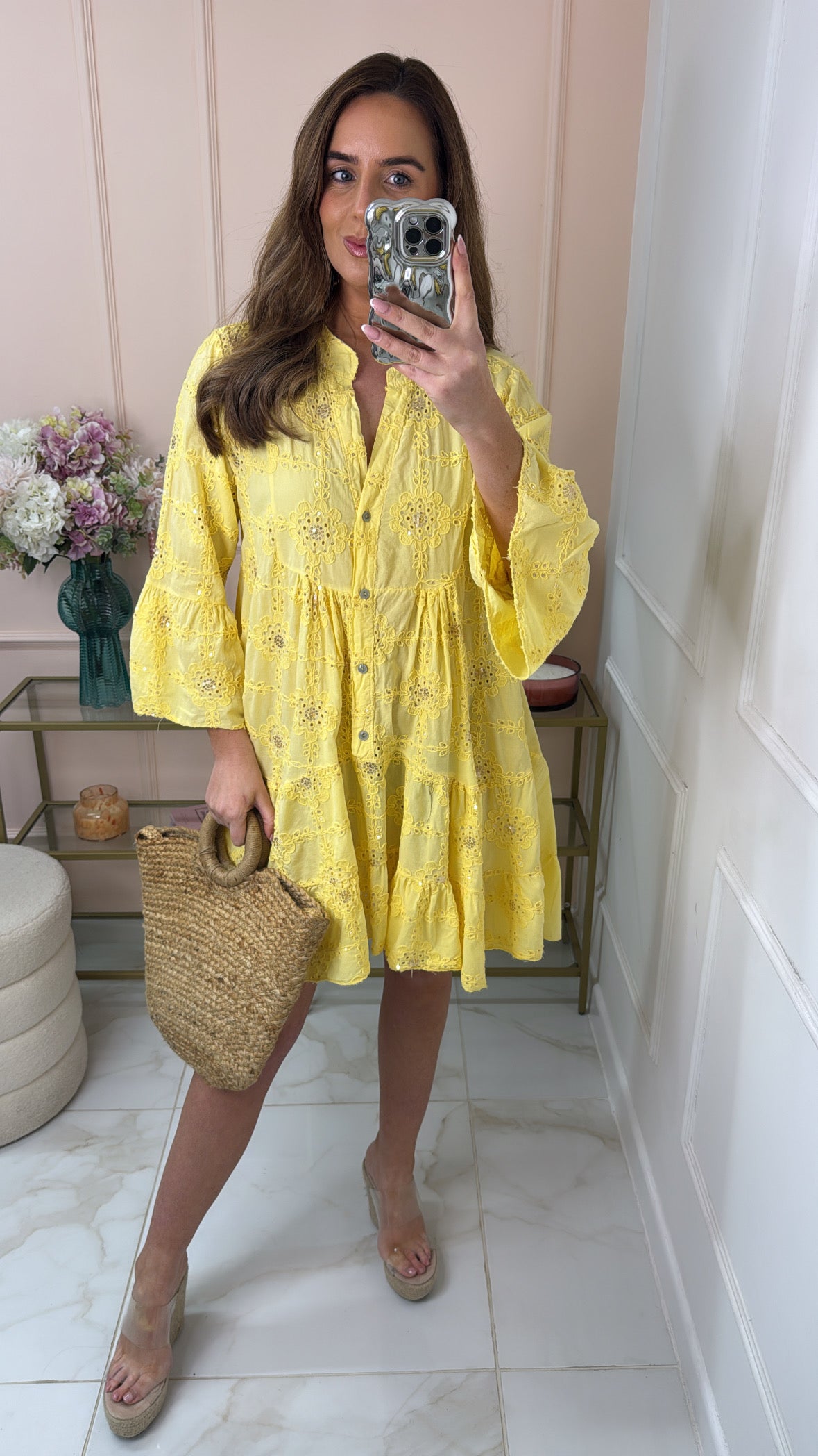 AIMEE yellow embroidered sequin smock dress