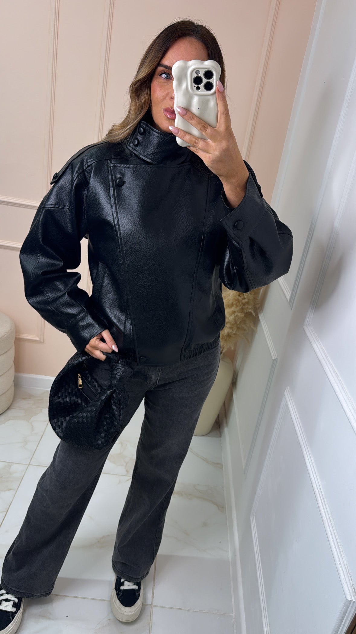 FRANKIE black high neck faux leather jacket