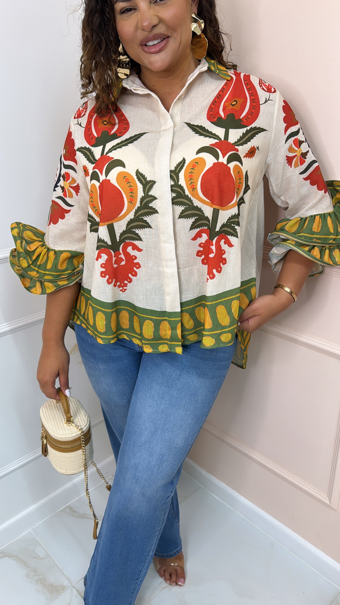 AIMEE beige printed exaggerated sleeve blouse