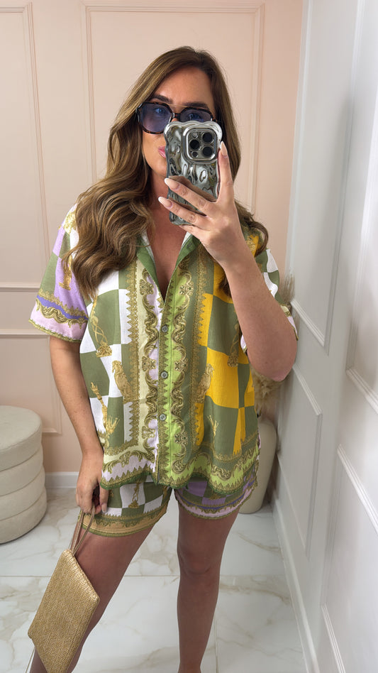 PIXIE khaki check print short set
