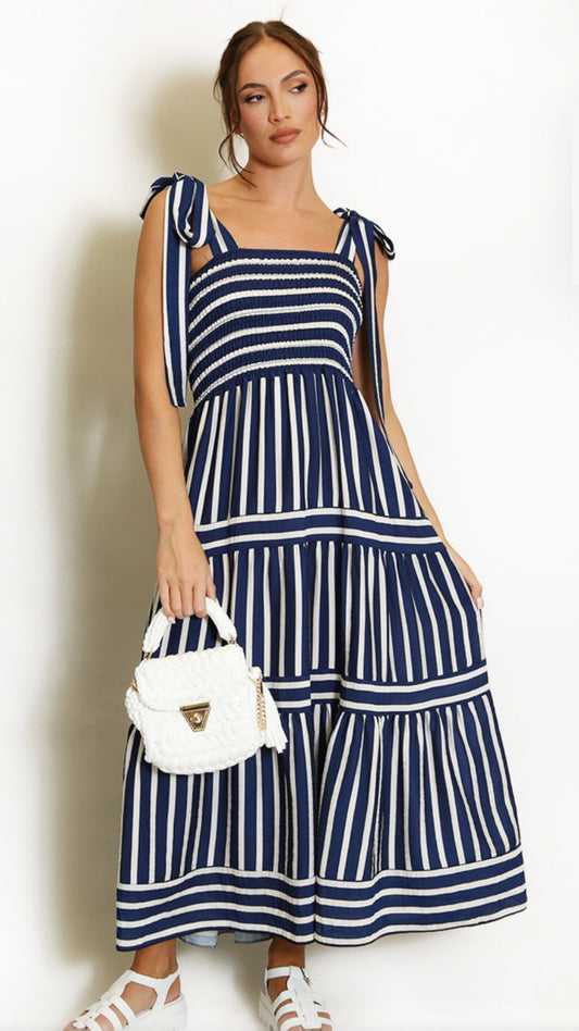 CAMILLA navy stripe tie detail maxi dress