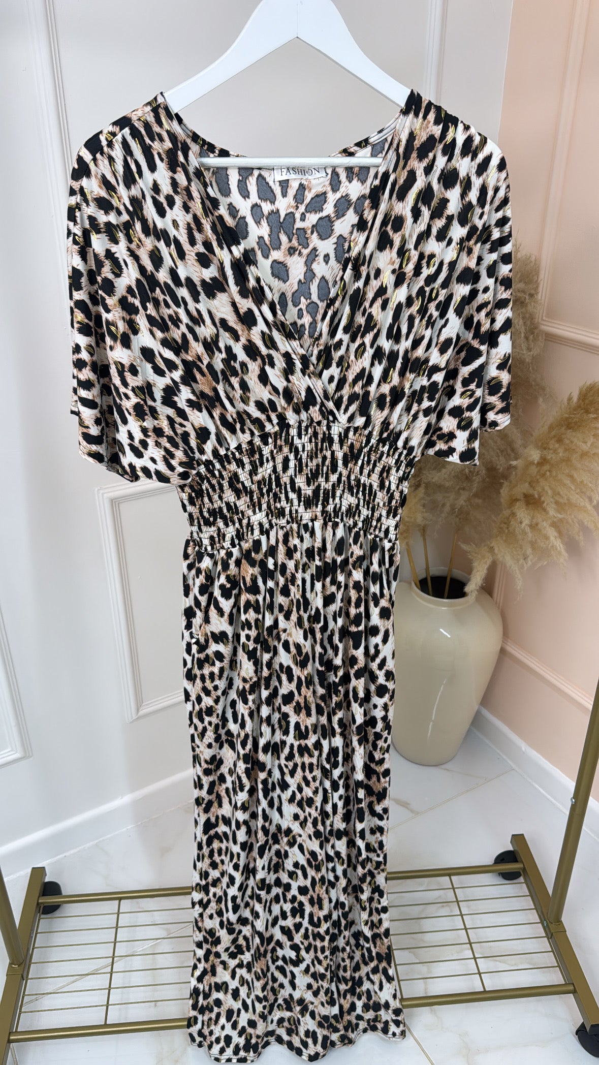SAMANTHA beige leopard shirred jumpsuit