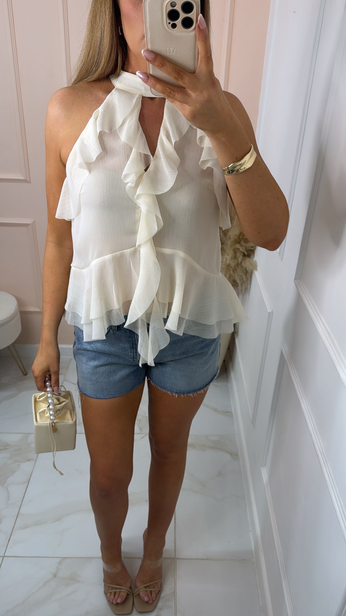 ALEXA cream frill halter neck top
