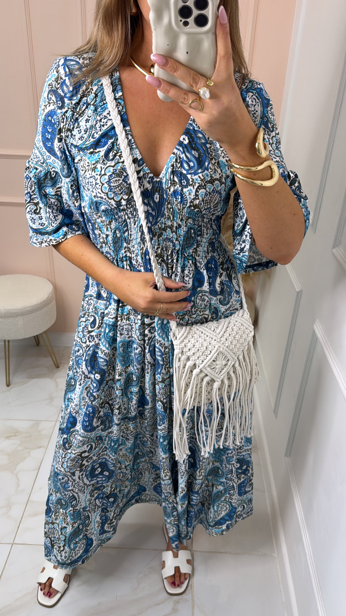 MAYA blue paisley Shirred waist boho dress