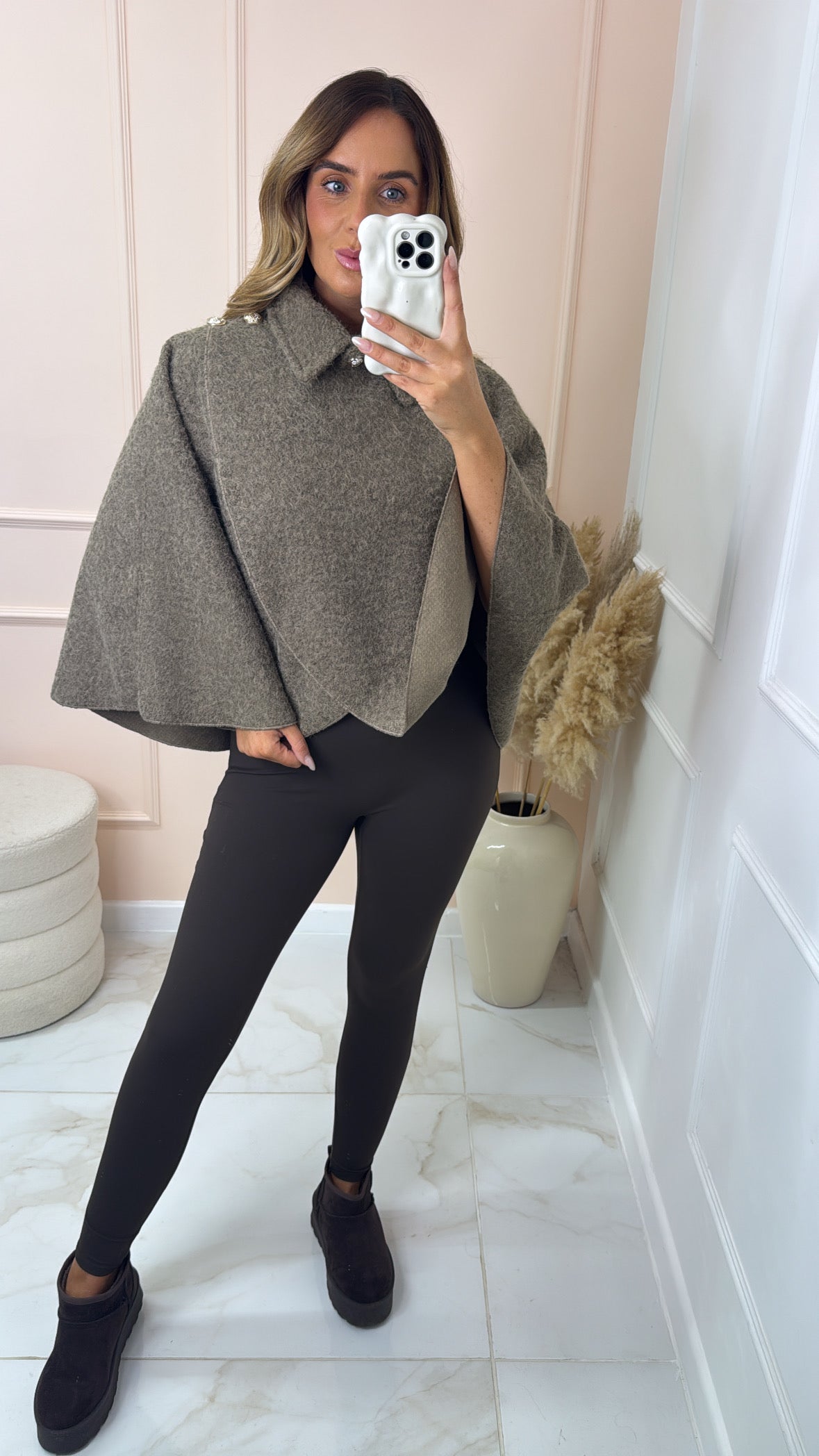 ESME taupe gold button wrap cape