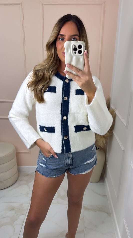 MEL white fuzzy knit studded cardigan