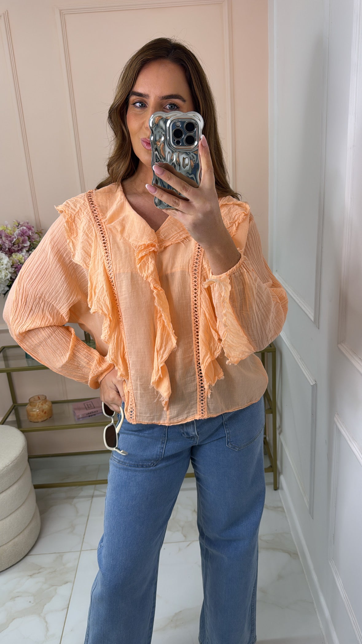 CHLOE orange ruffle frayed crochet cotton blouse
