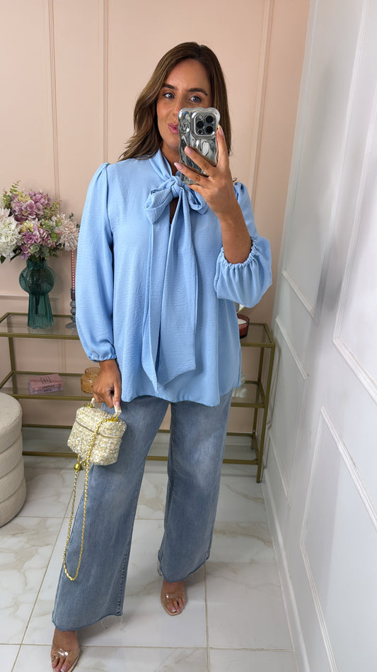 ROSIE powder blue bow tie blouse