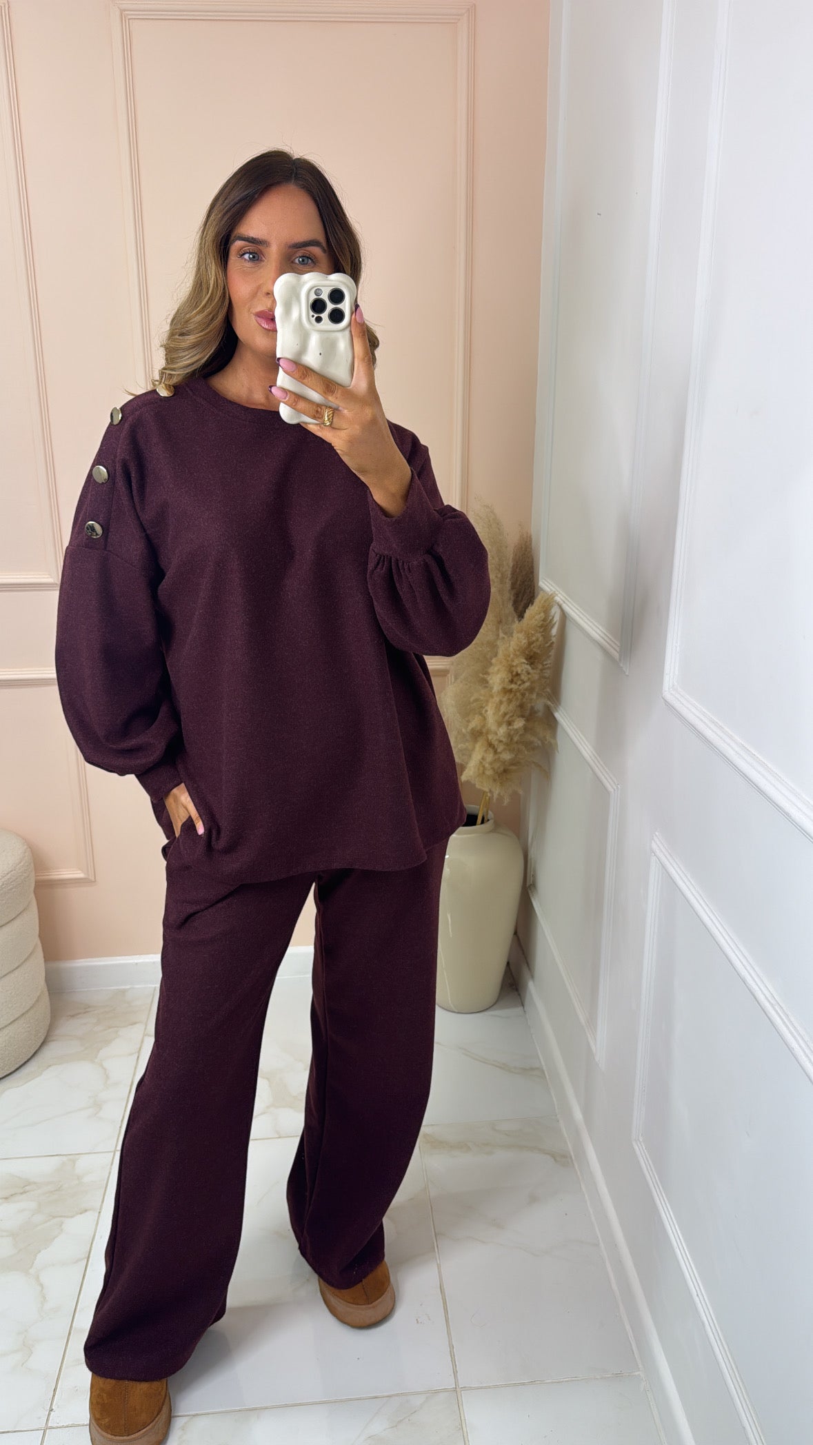 PENNY burgundy gold button detail lounge set