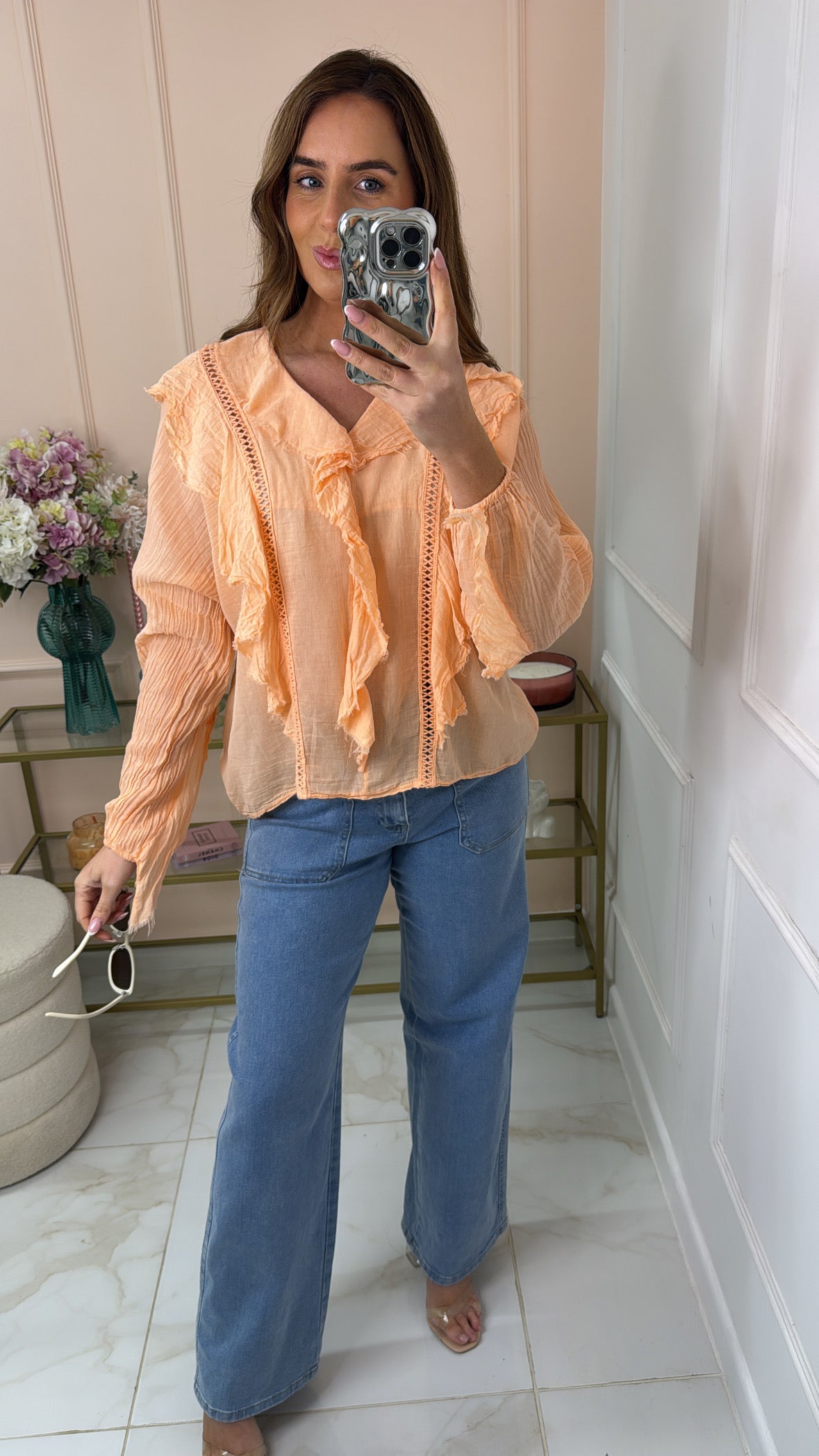 CHLOE orange ruffle frayed crochet cotton blouse