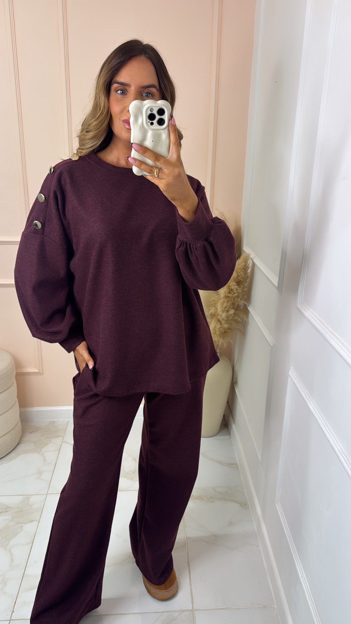 PENNY burgundy gold button detail lounge set