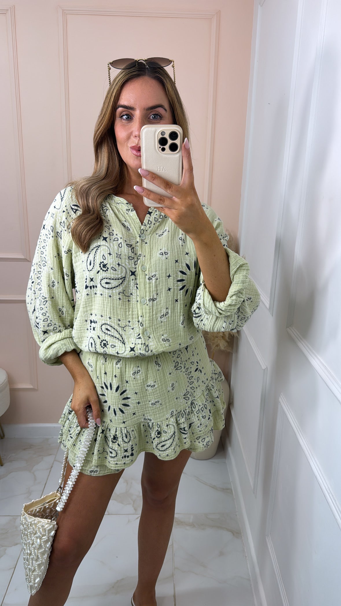 SHAE lime bandana print skort set