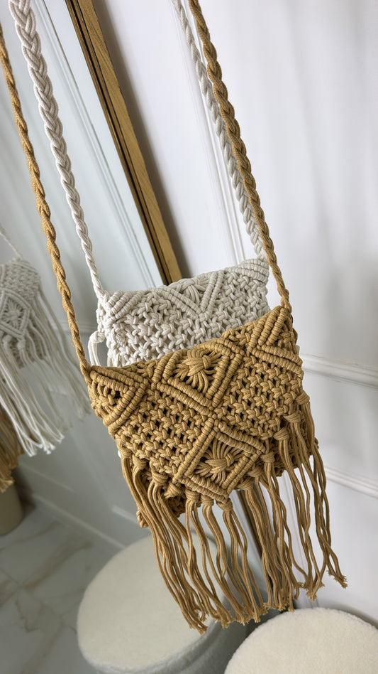 CALLIE tan crochet tassel bag