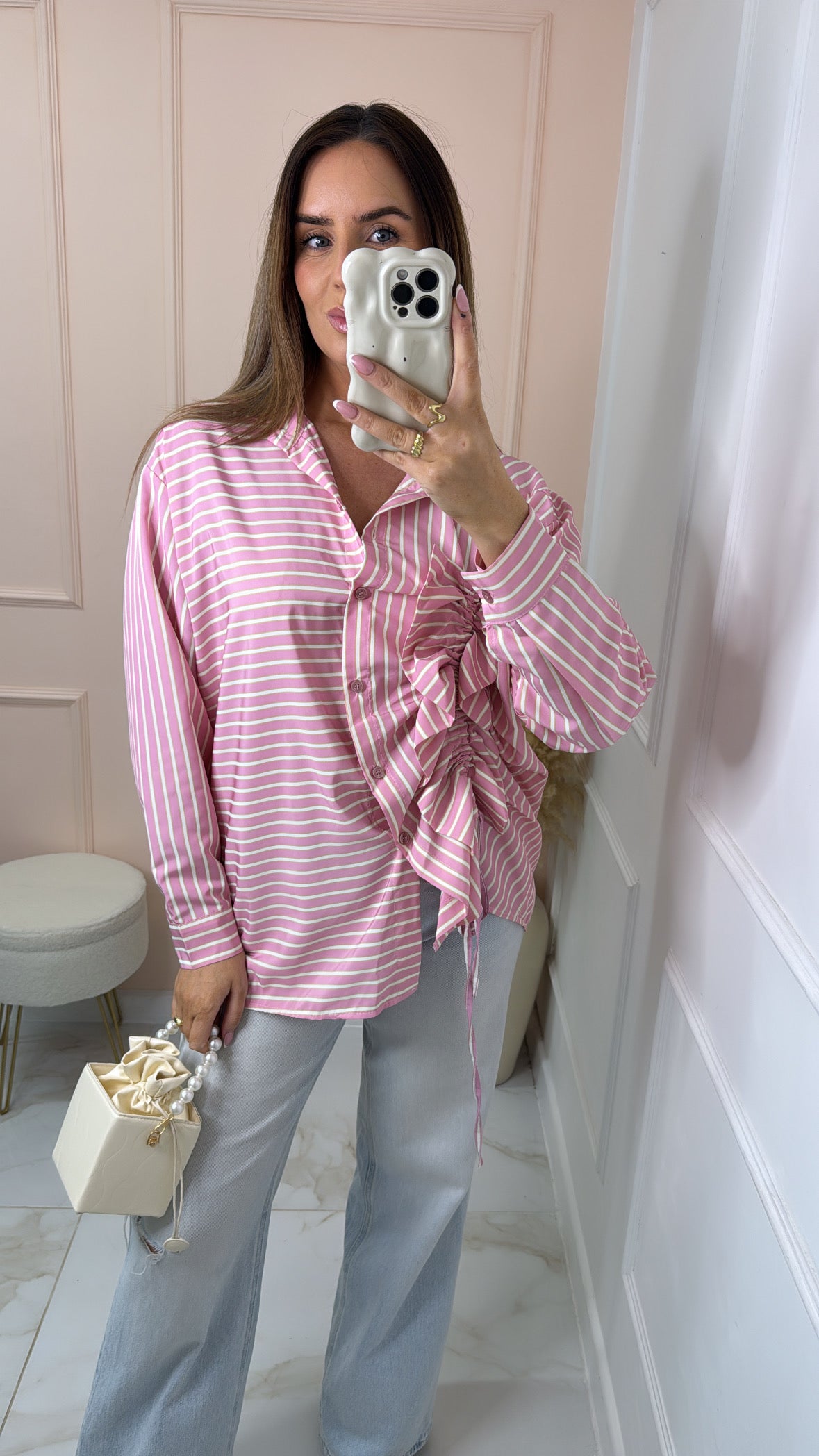 LUCIE pink pinstripe ruffle ruched shirt