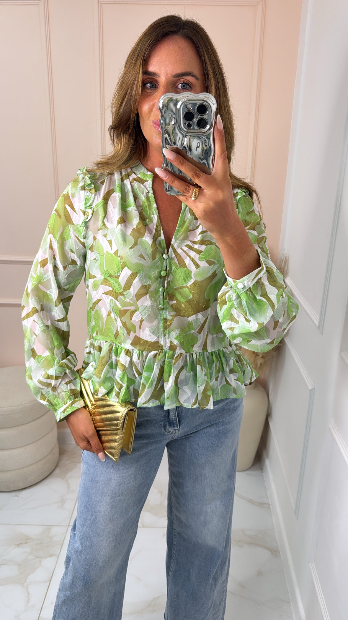 LUNA green printed ruffle blouse
