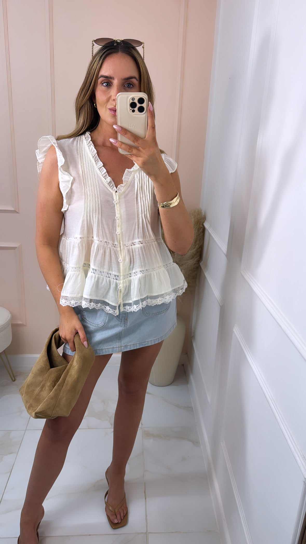 ANNABELLE cream lace trim top