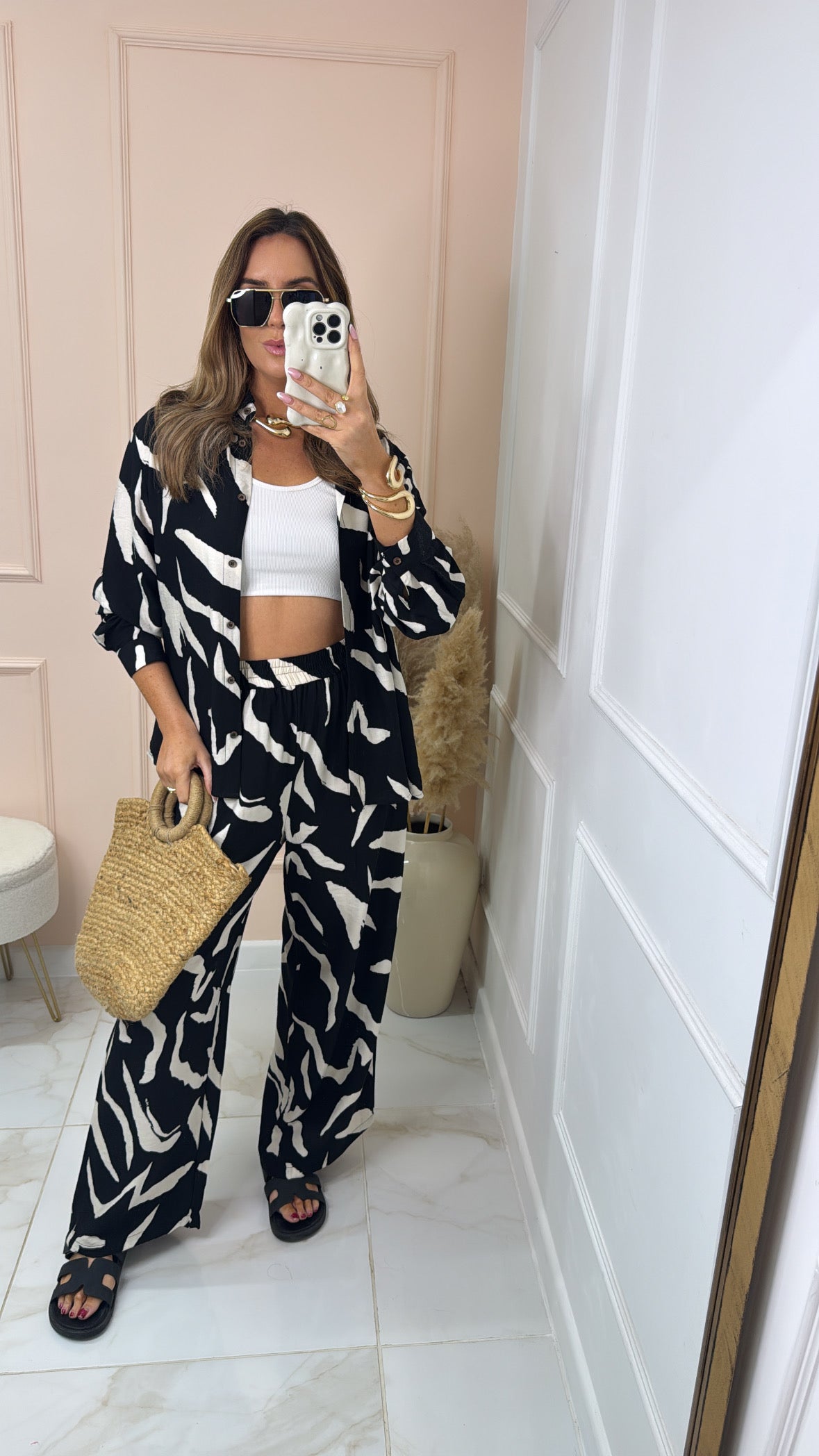 CECE black abstract print trouser set