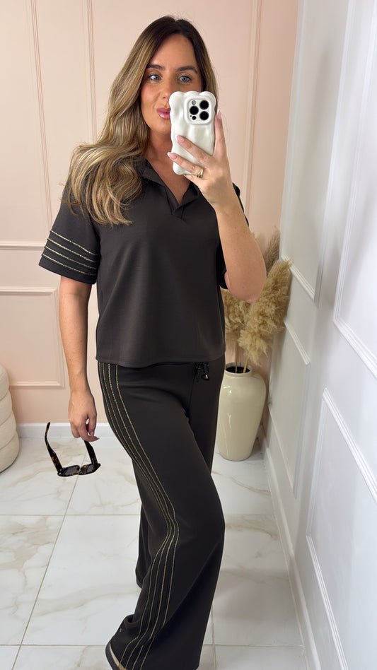 BETHANY brown metallic collared lounge set