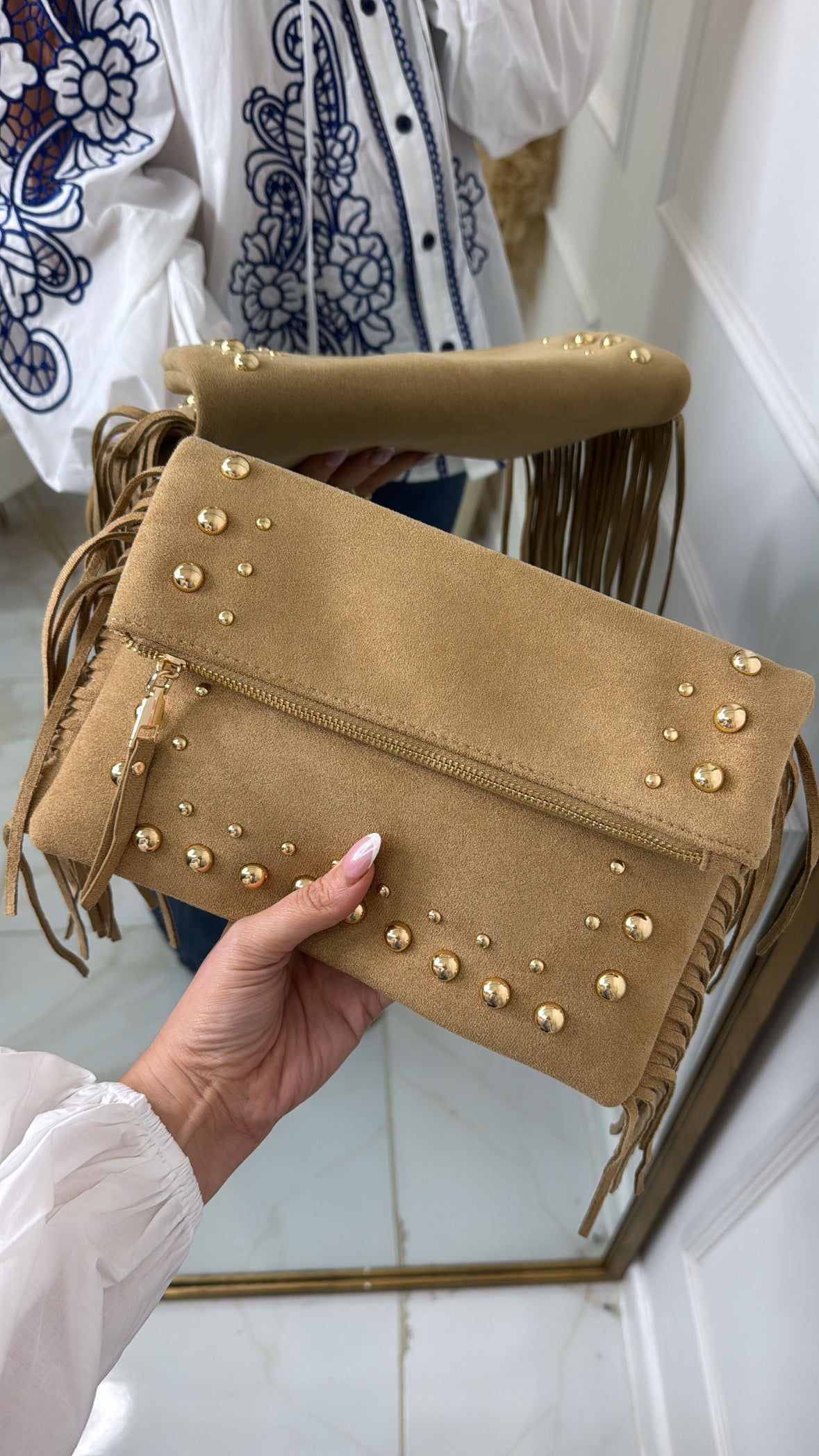 FRANKIE tan suede tassel studded clutch bag