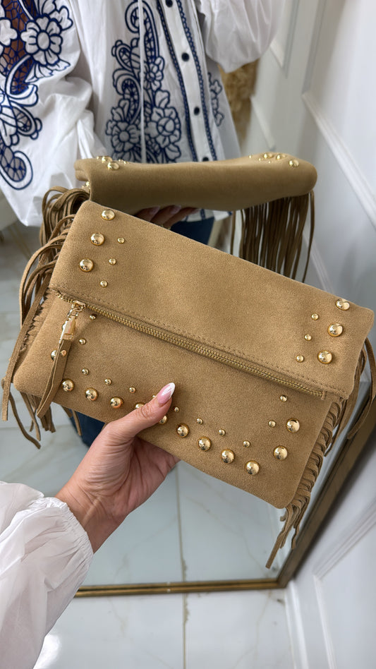 FRANKIE tan suede tassel studded clutch bag