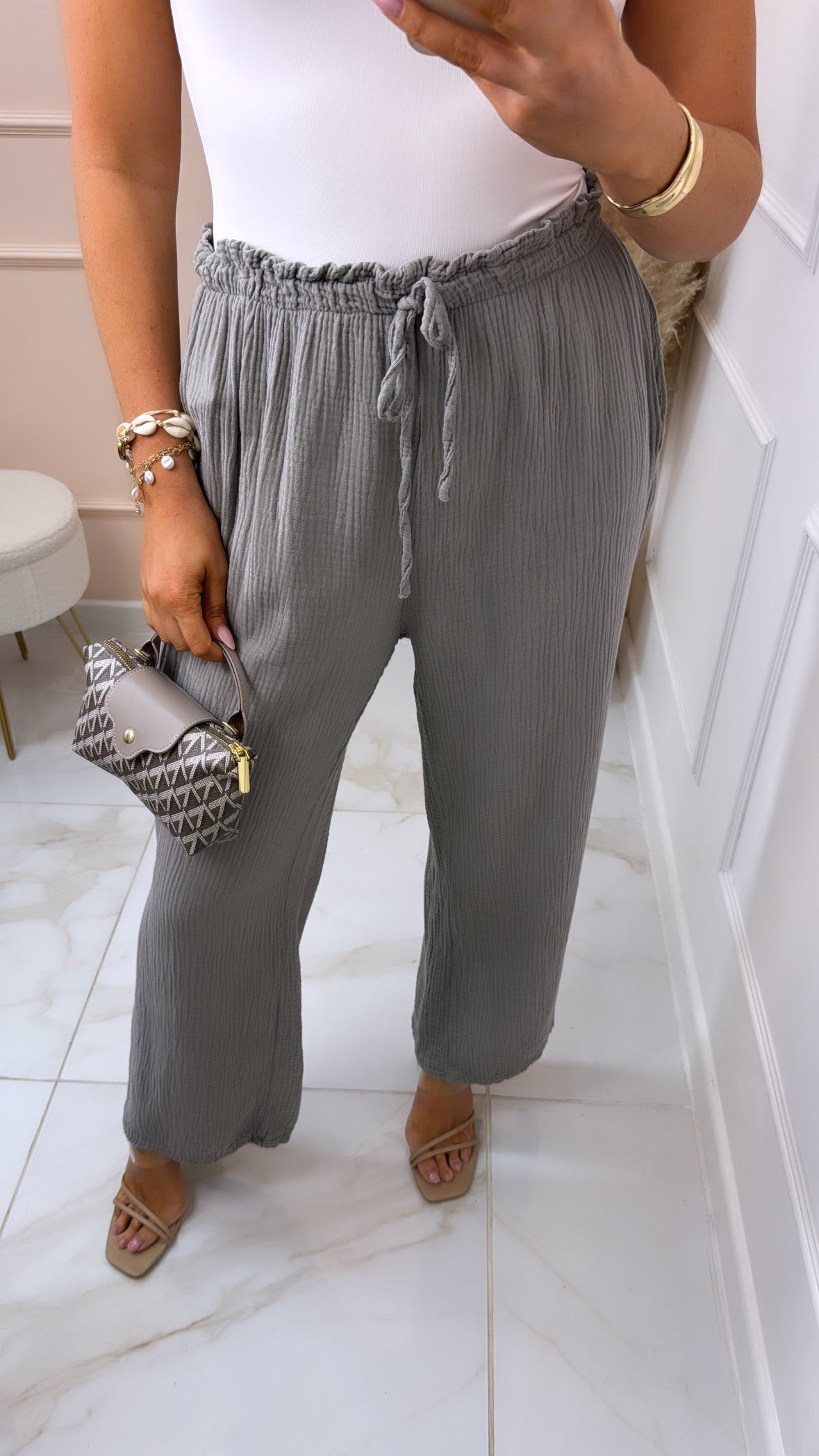 CASSIE taupe cheesecloth floaty trousers