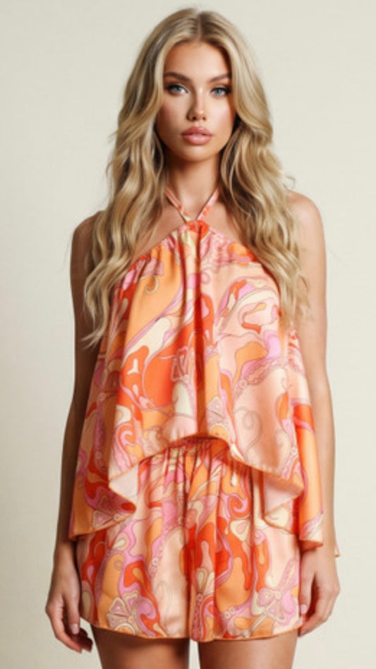 AMORE orange satin halter neck short set