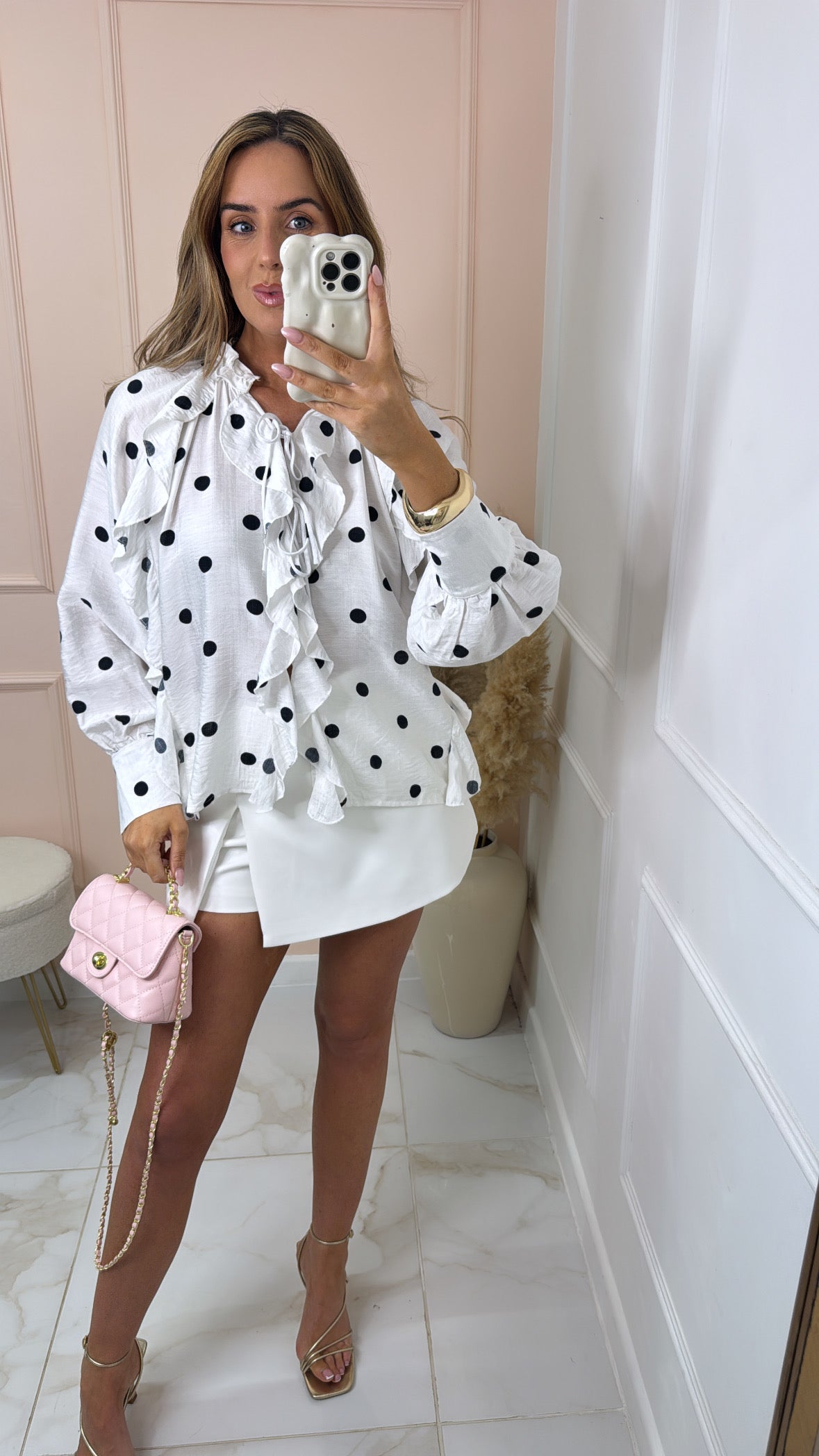 CLEO white polka dot ruffle blouse