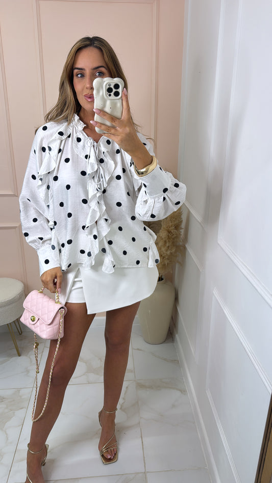 CLEO white polka dot ruffle blouse
