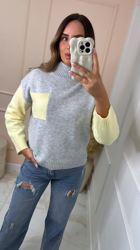 DAISY grey and lemon contrast knit jumper