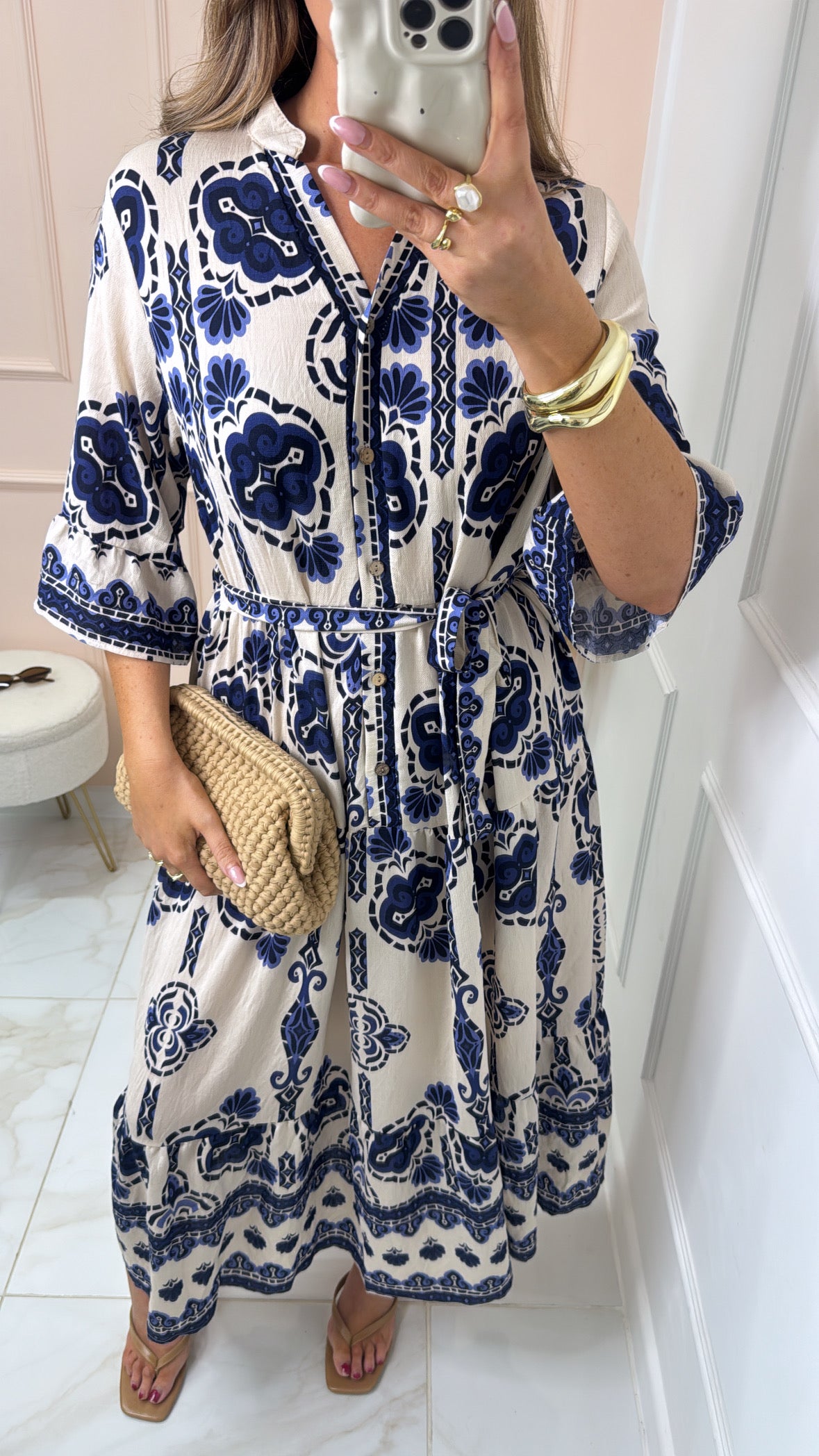 AVA blue printed frill sleeve summer dress