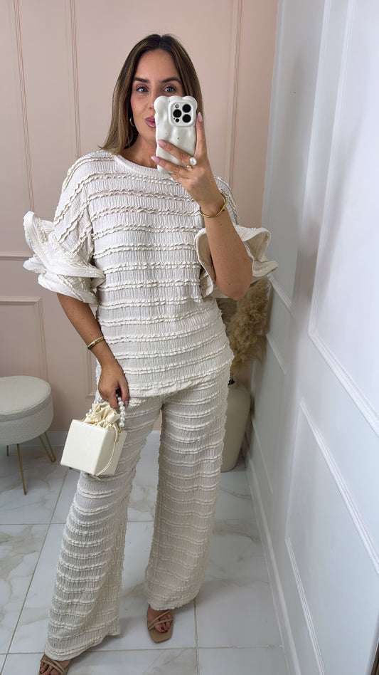 LILLIAN beige ruffle sleeve trouser set