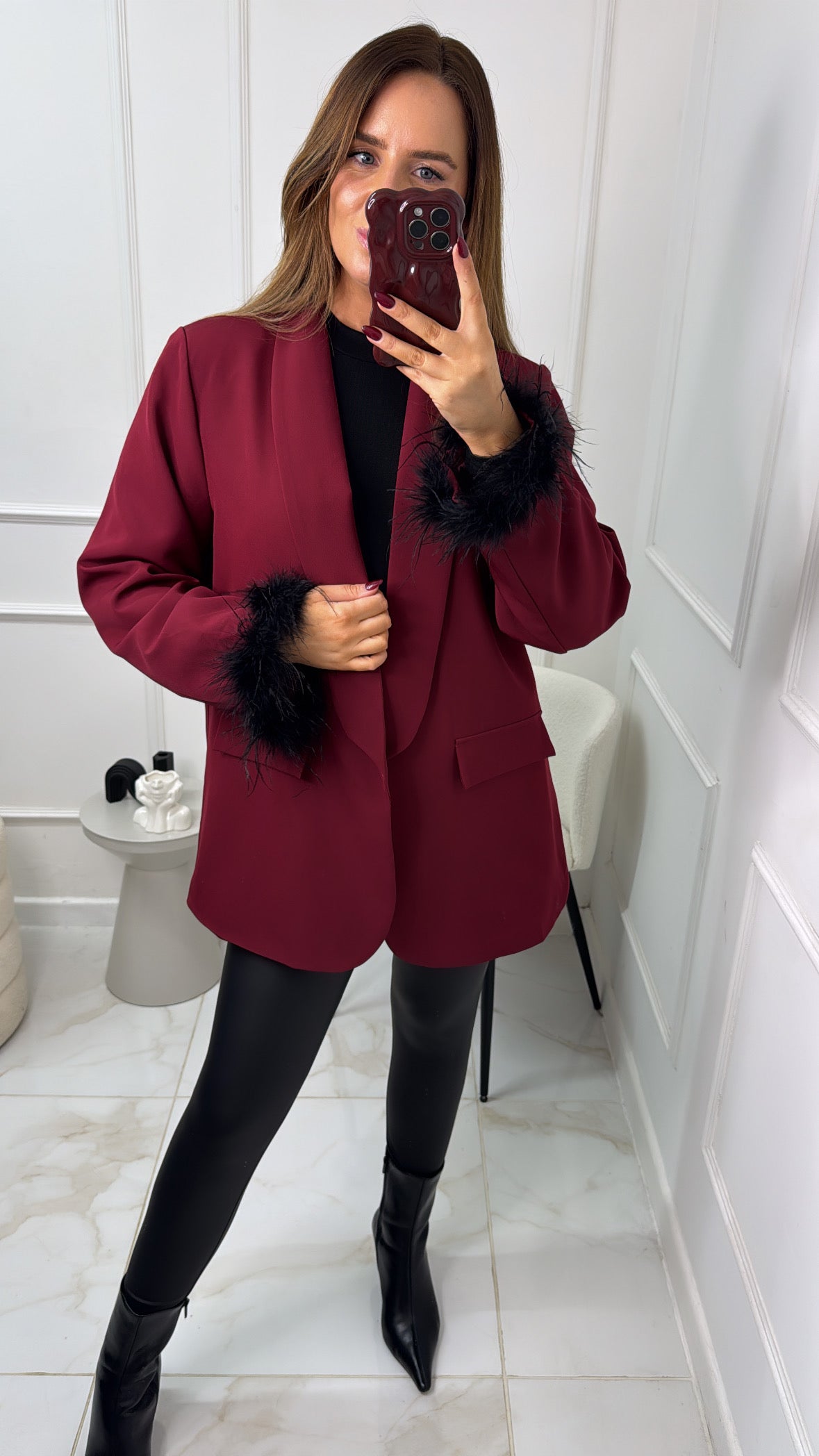 EMILY burgundy feather cuff longline blazer