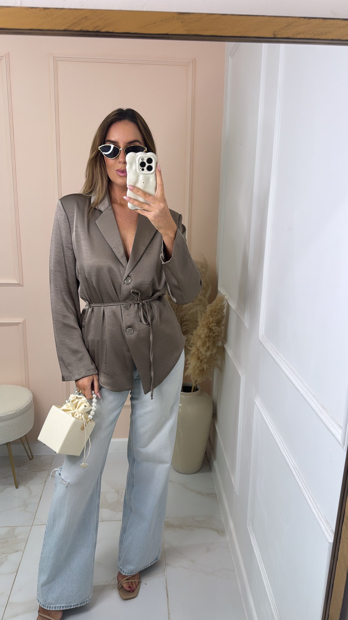 BELLE taupe tie waist silky blazer