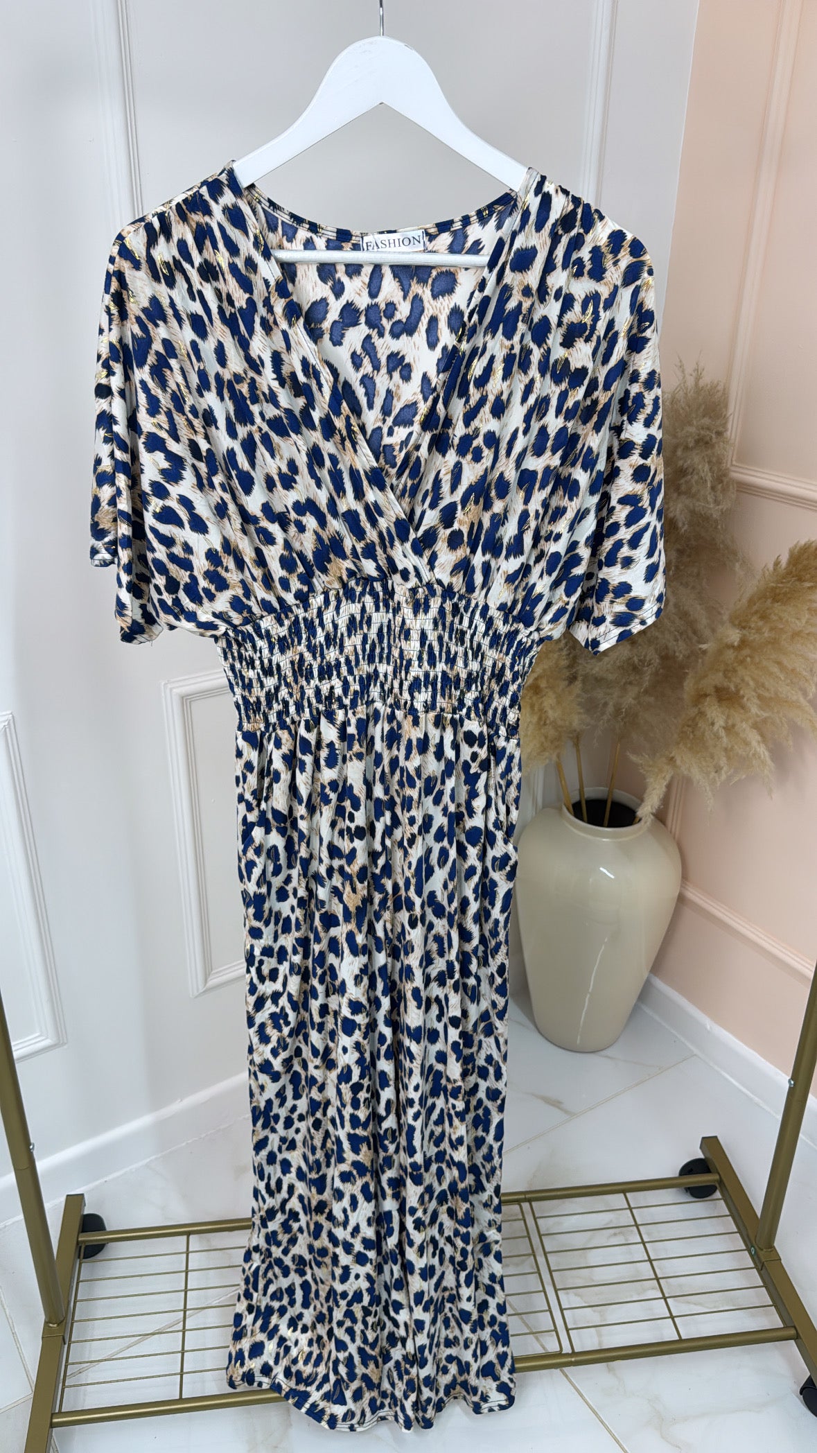 SAMANTHA blue leopard shirred jumpsuit