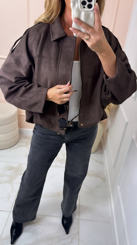 MABEL chocolate puffball suede jacket