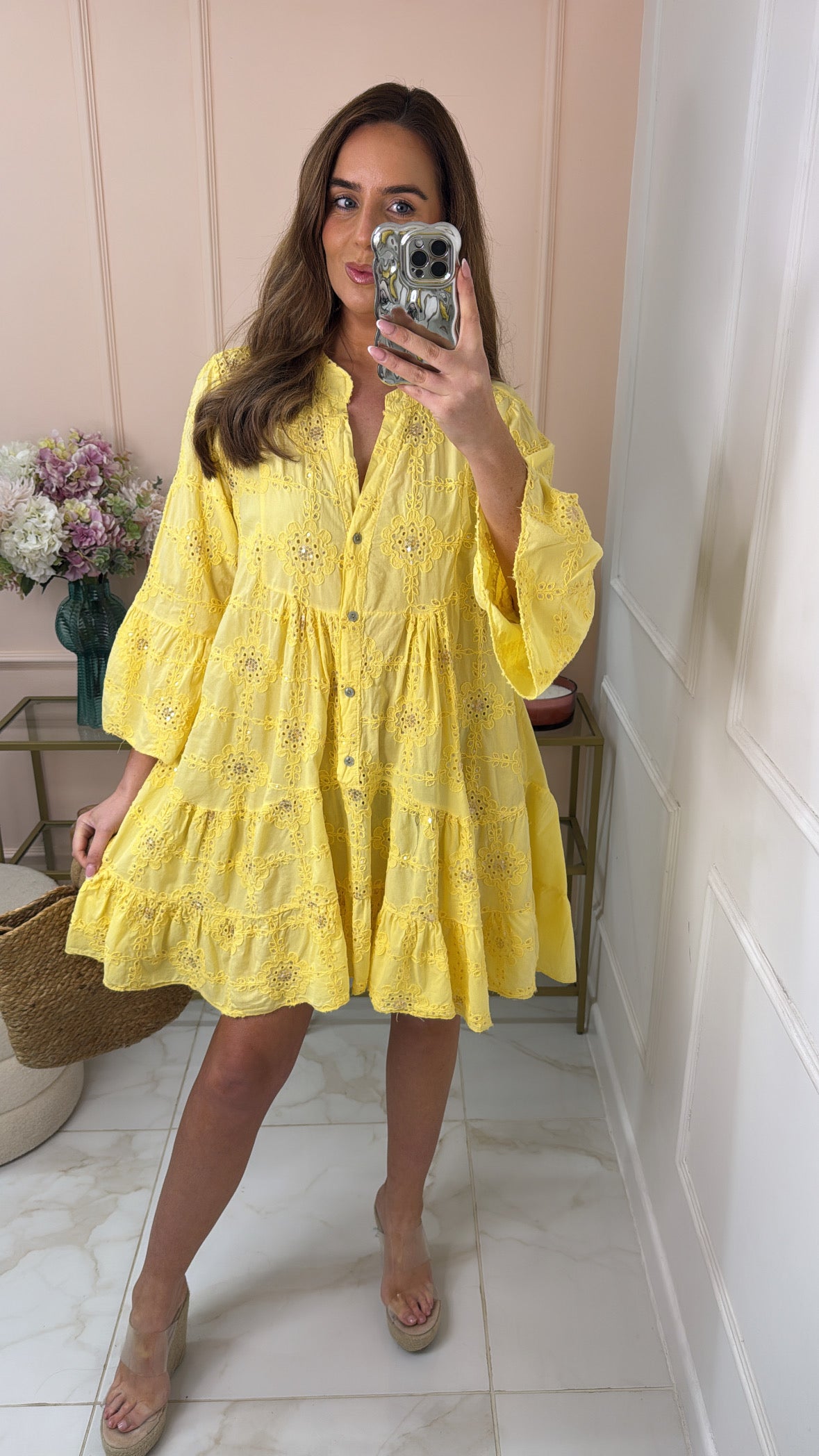 AIMEE yellow embroidered sequin smock dress