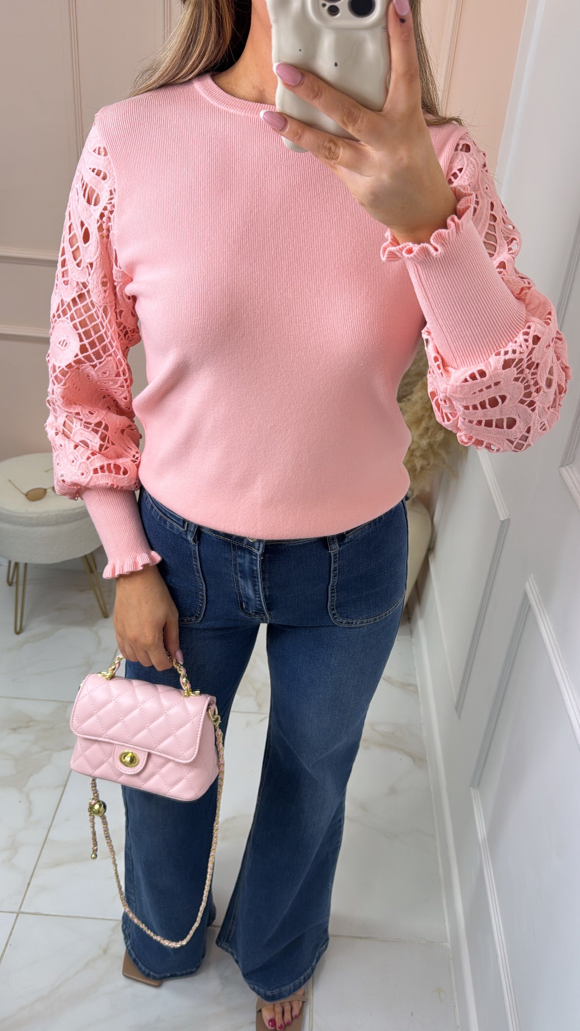 SIAN pink crochet sleeve jumper