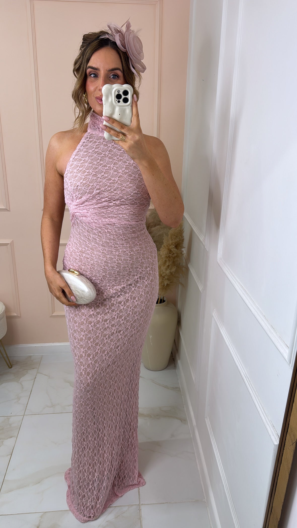 ALBA pink lace halter maxi dress