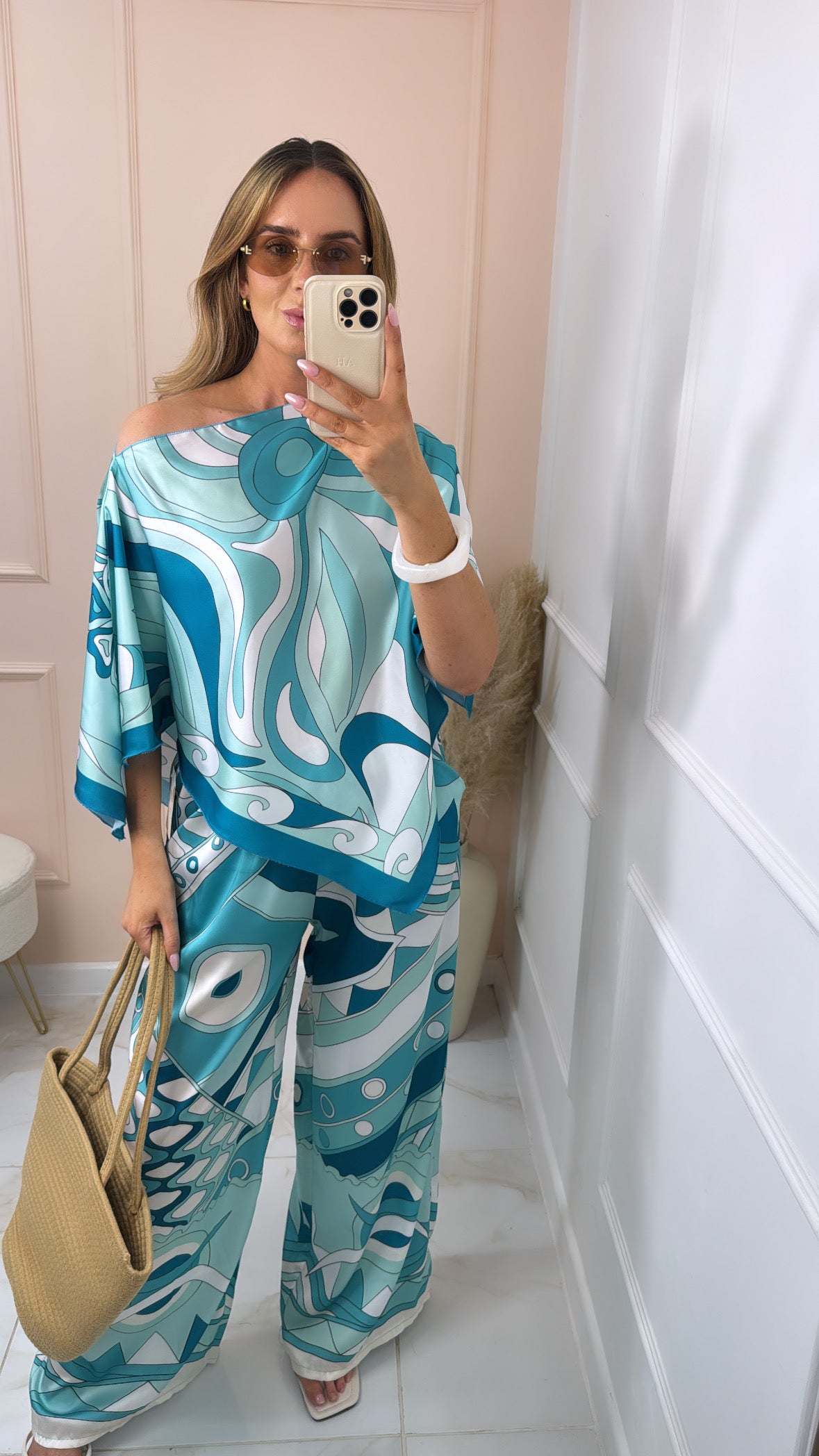 DARCY turquoise swirl satin trouser set
