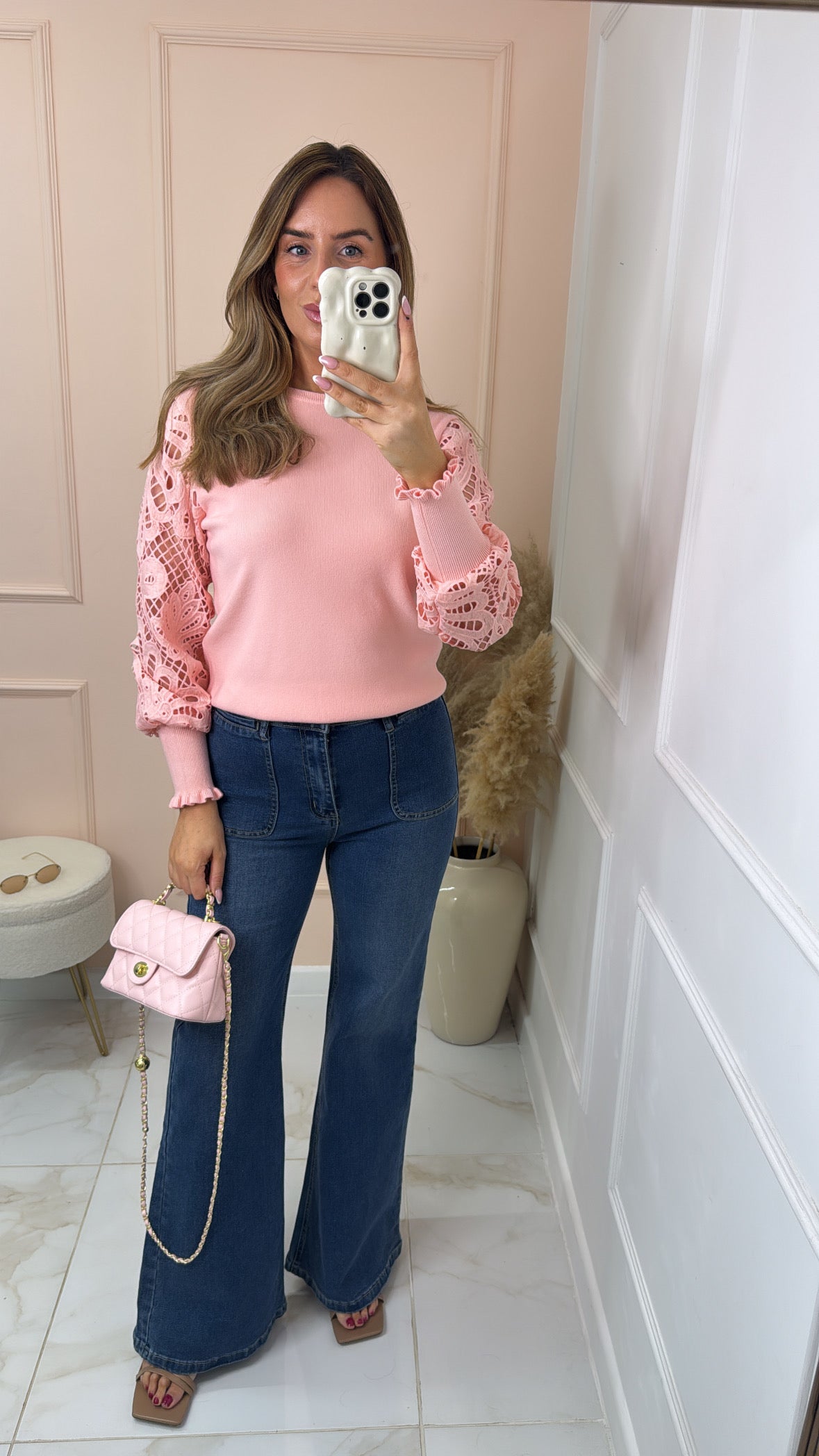 SIAN pink crochet sleeve jumper