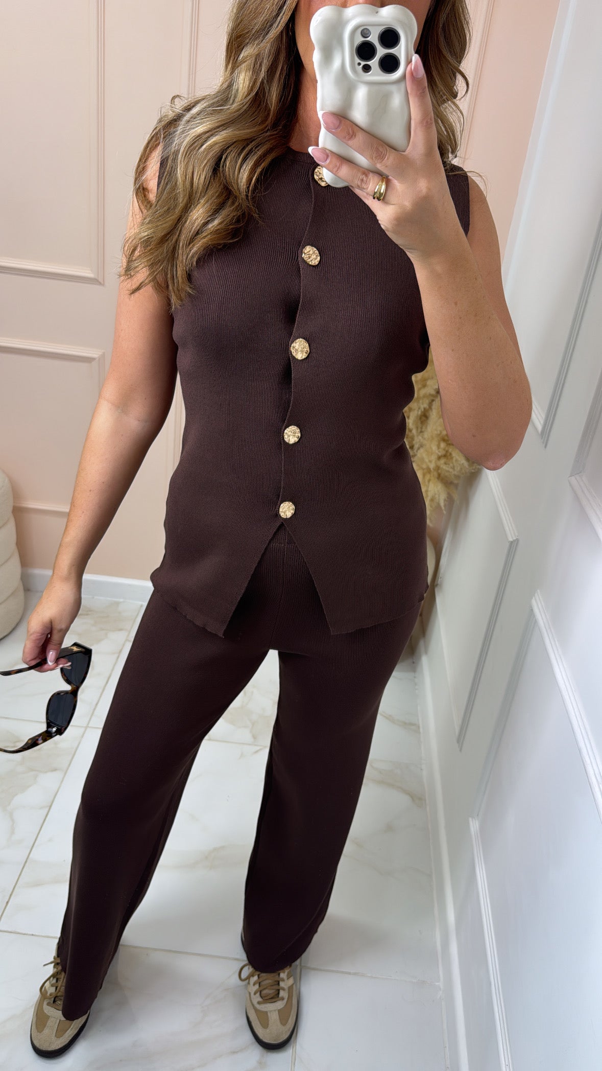 ALICE brown button front flared lounge set