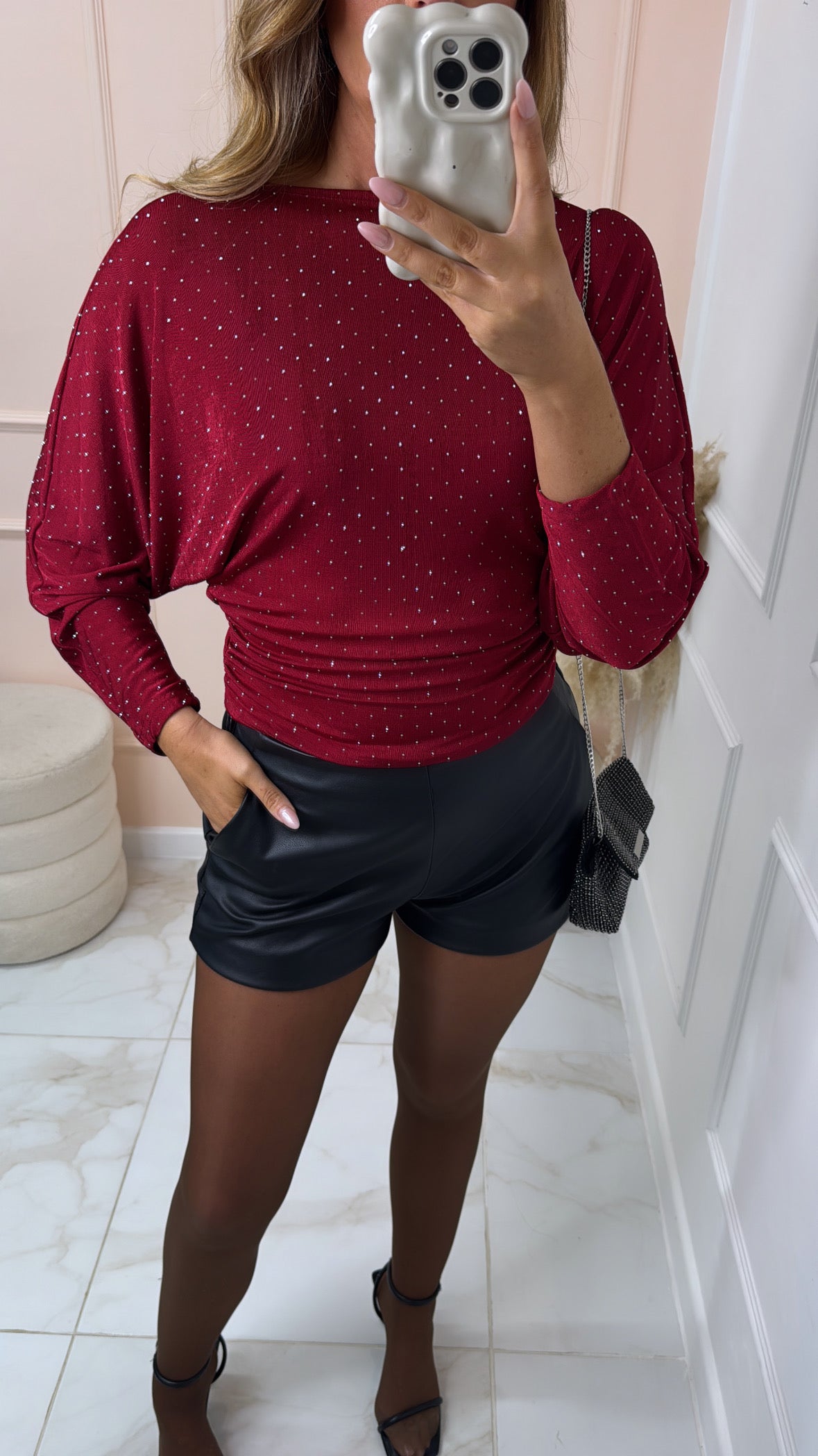 AYLA burgundy diamante gathered top