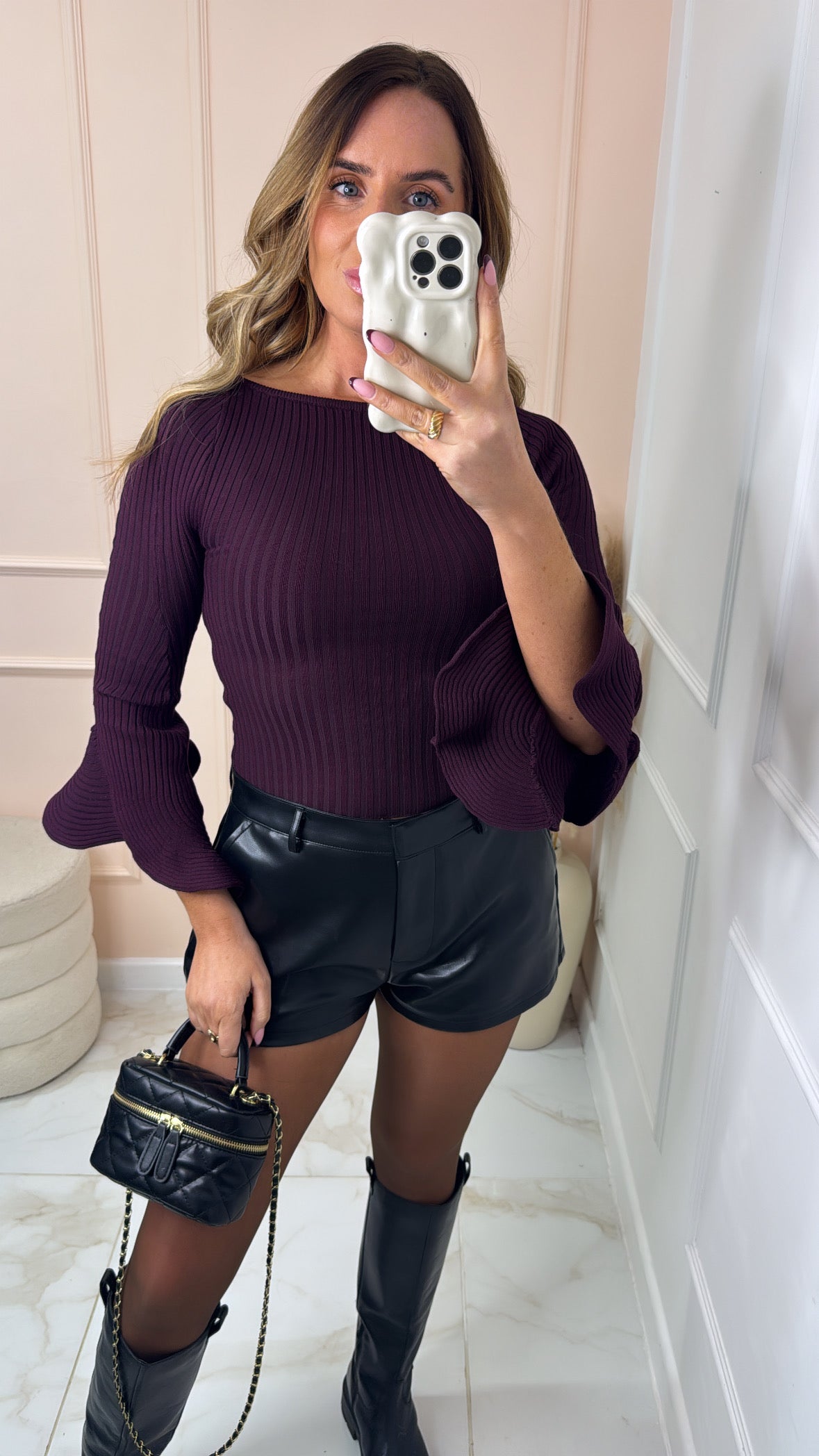 ROSIE burgundy ribbed flared knit jumper