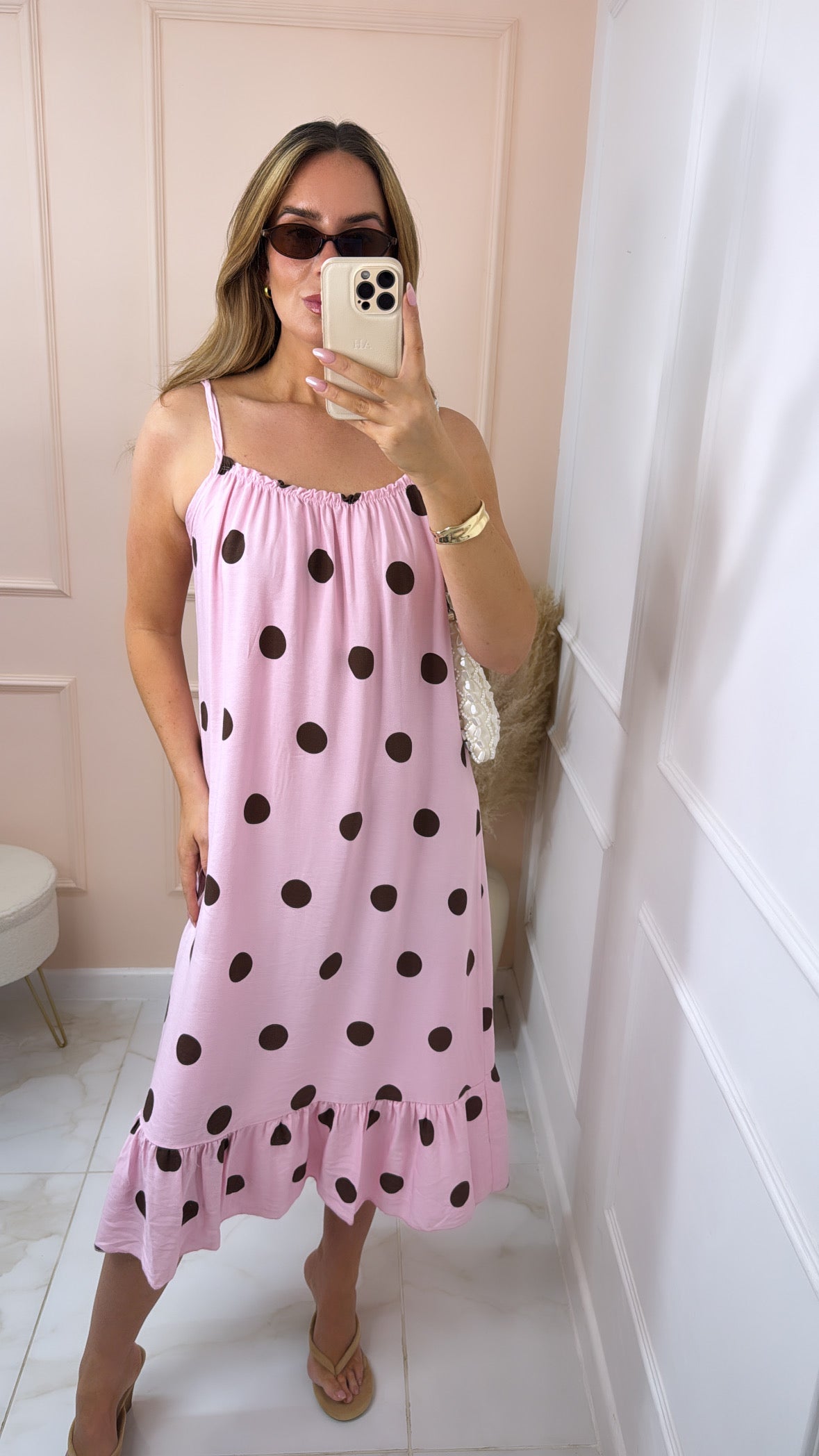 JASMIN pink cami polka dot maxi dress