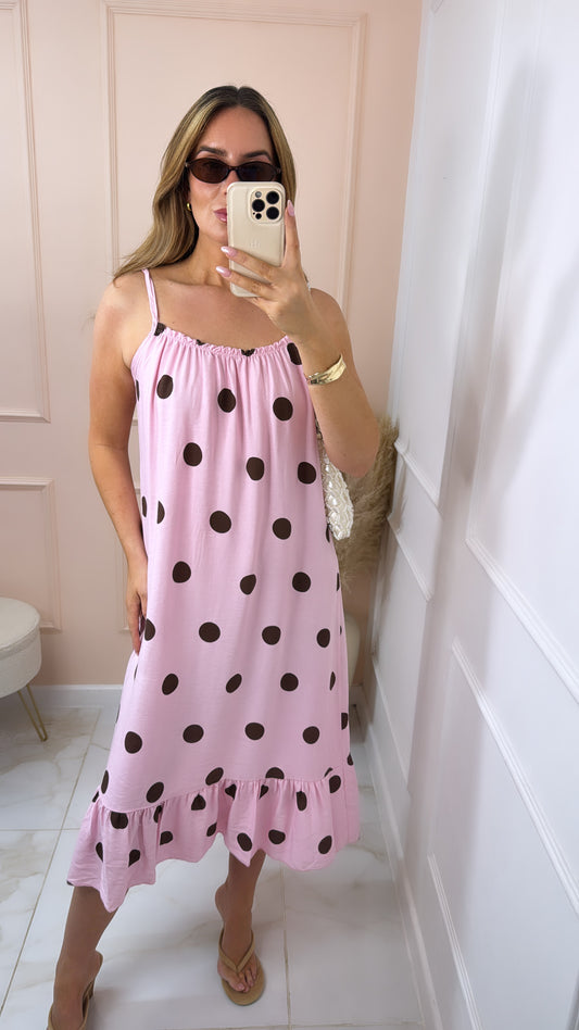 JASMIN pink cami polka dot maxi dress