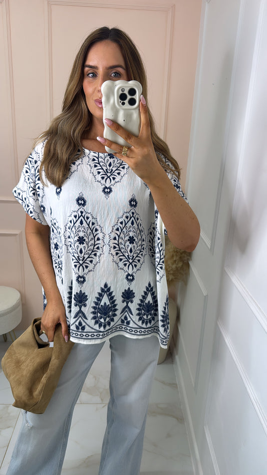 EVIE white paisley linen blend boxy blouse