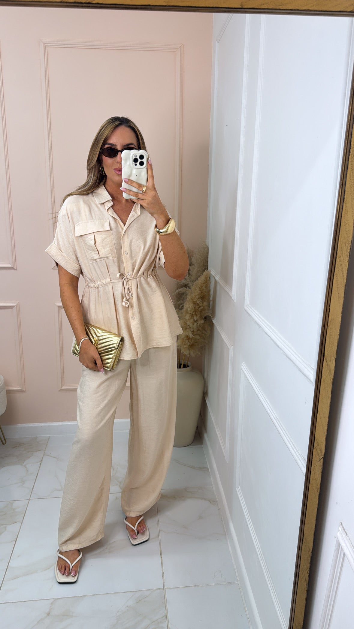 ESME beige cinched utility trouser set