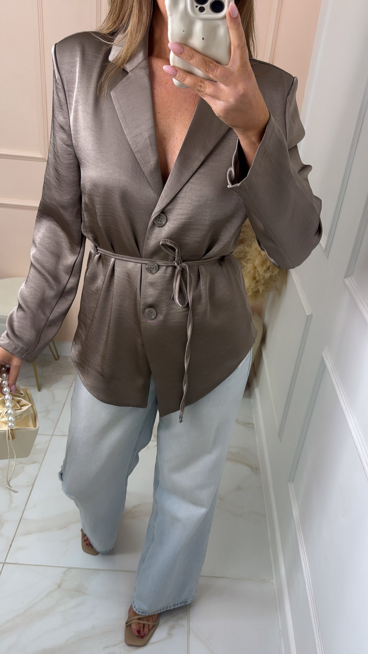 BELLE taupe tie waist silky blazer
