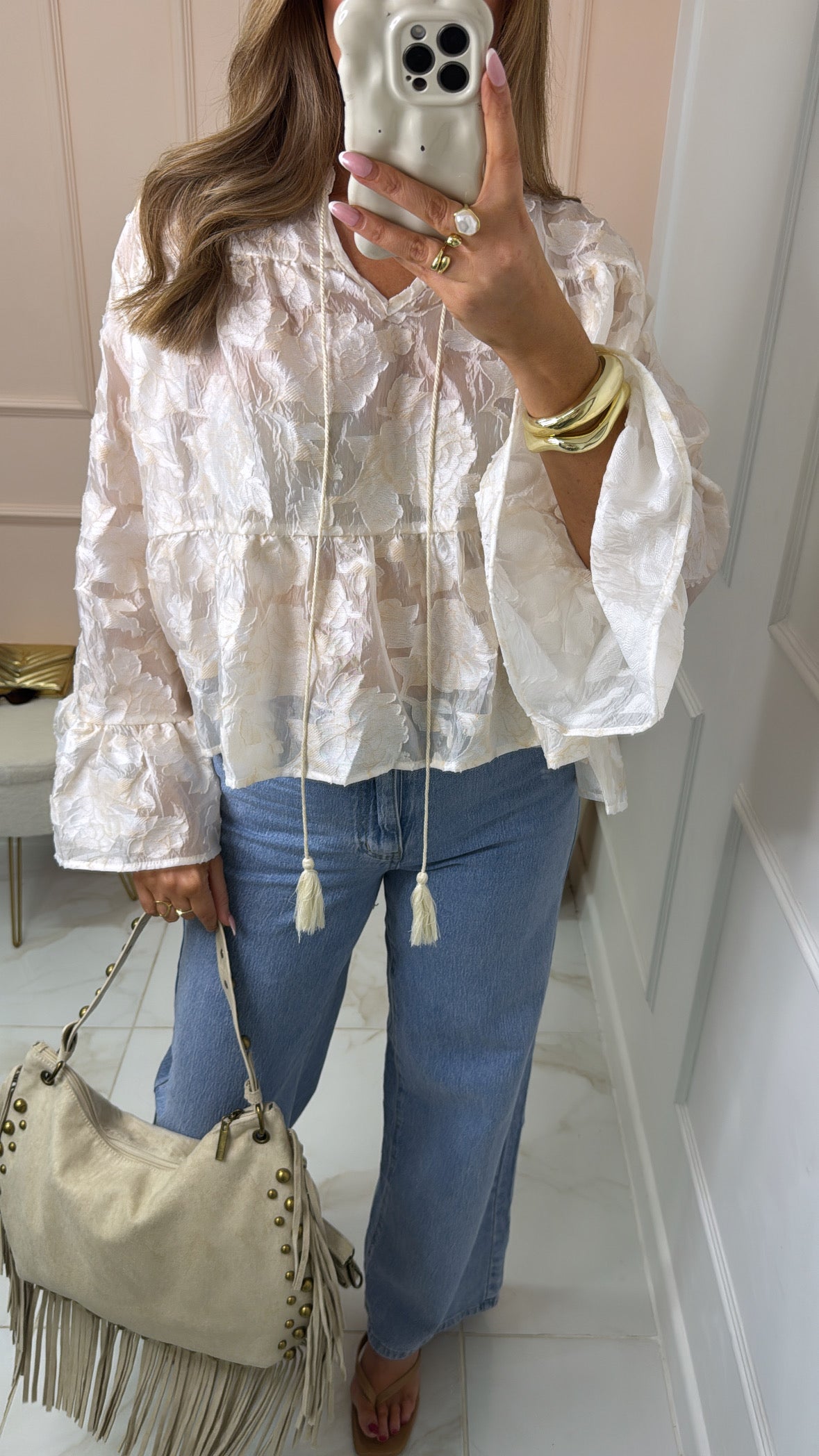 HARPER cream textured frill cuff blouse
