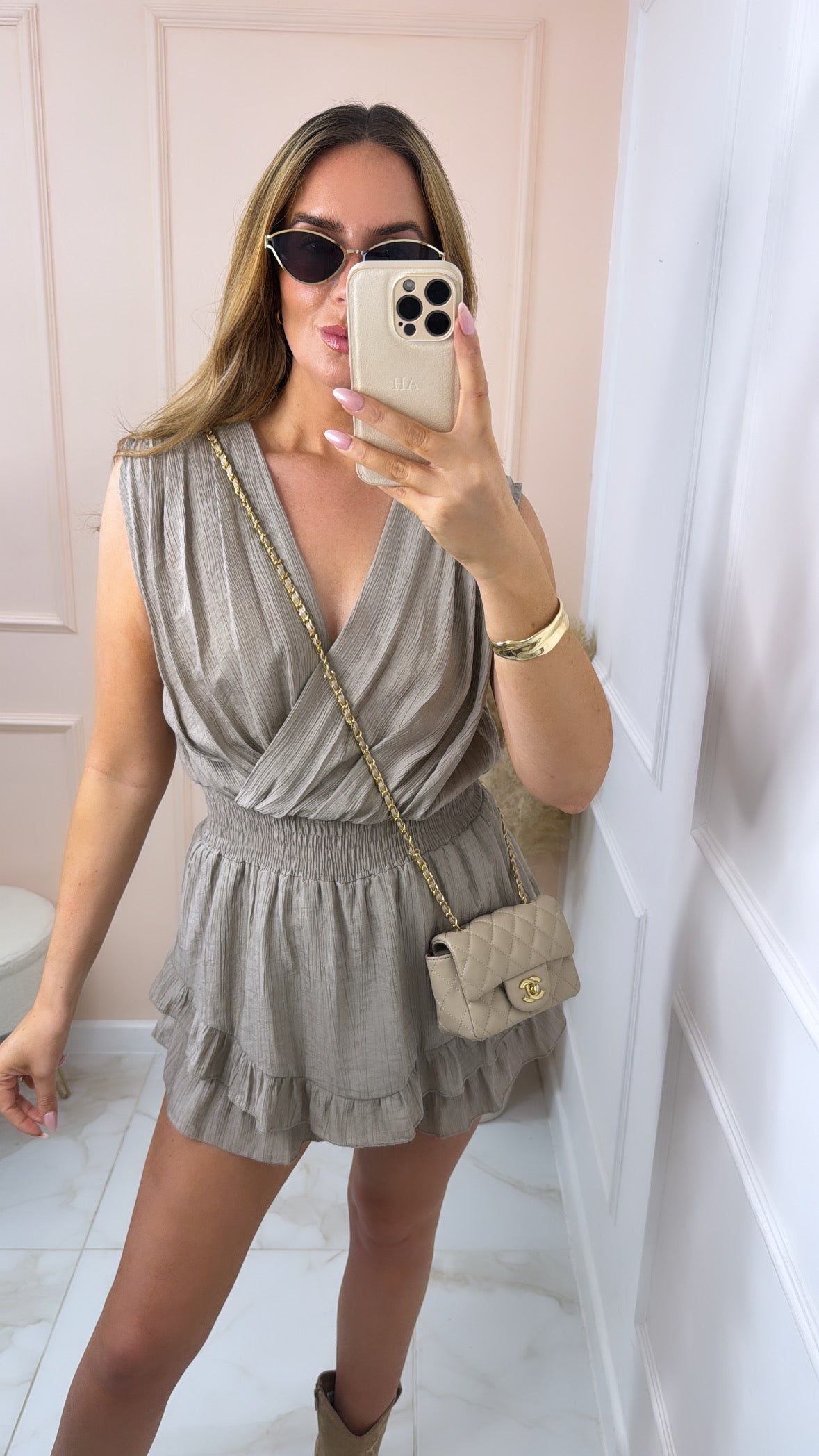 REMI taupe crossover ruffle playsuit